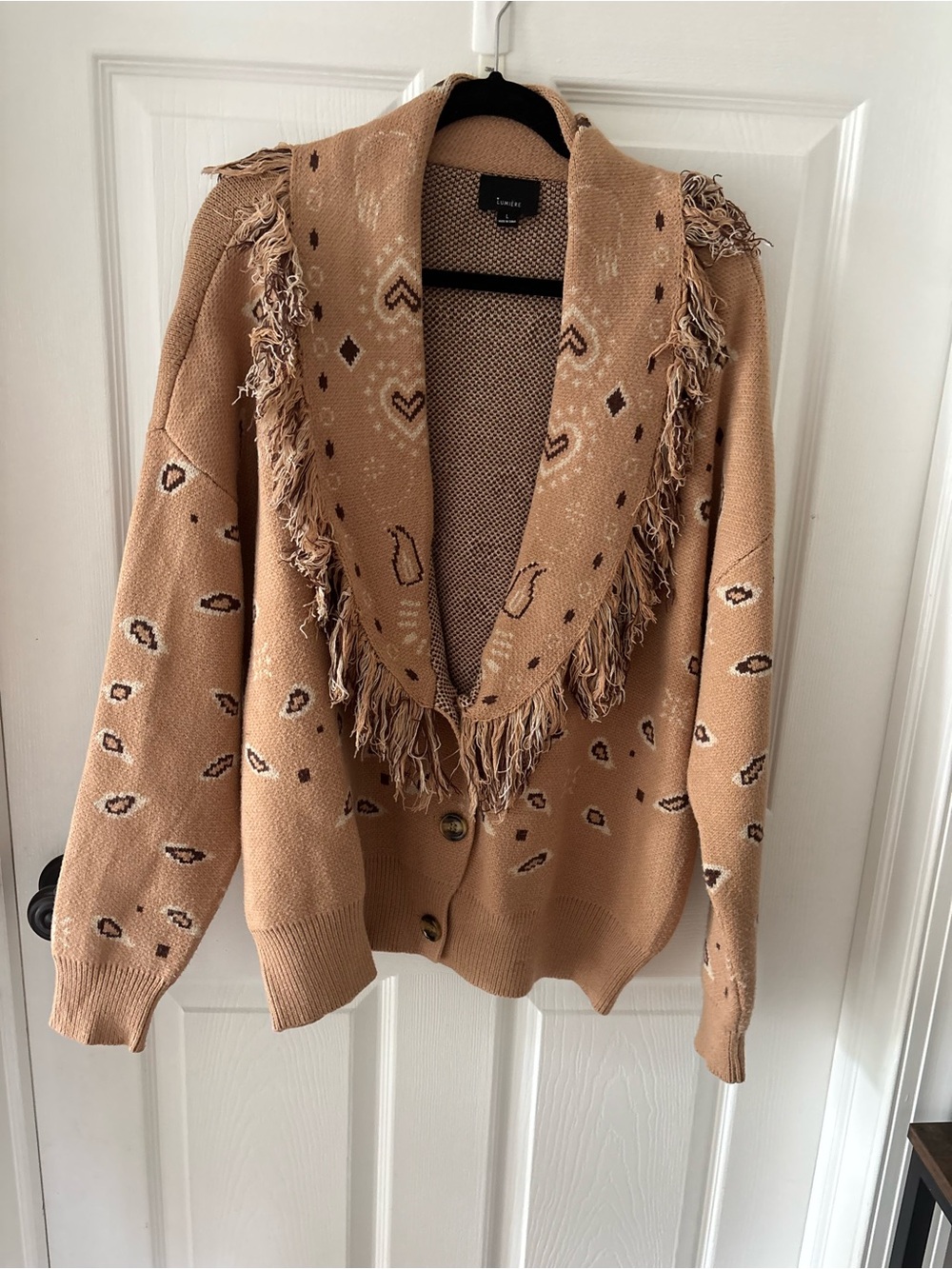 Lumiere Fringed Shawl-Collar Cardigan in Camel (from VICI)